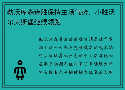 勒沃库森连胜保持主场气势，小胜沃尔夫斯堡继续领跑