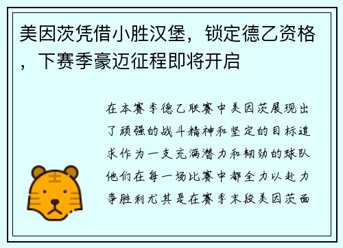 美因茨凭借小胜汉堡，锁定德乙资格，下赛季豪迈征程即将开启