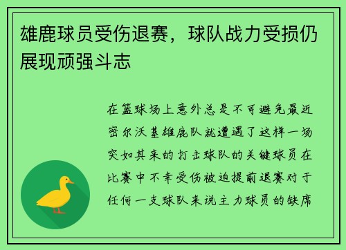 雄鹿球员受伤退赛，球队战力受损仍展现顽强斗志